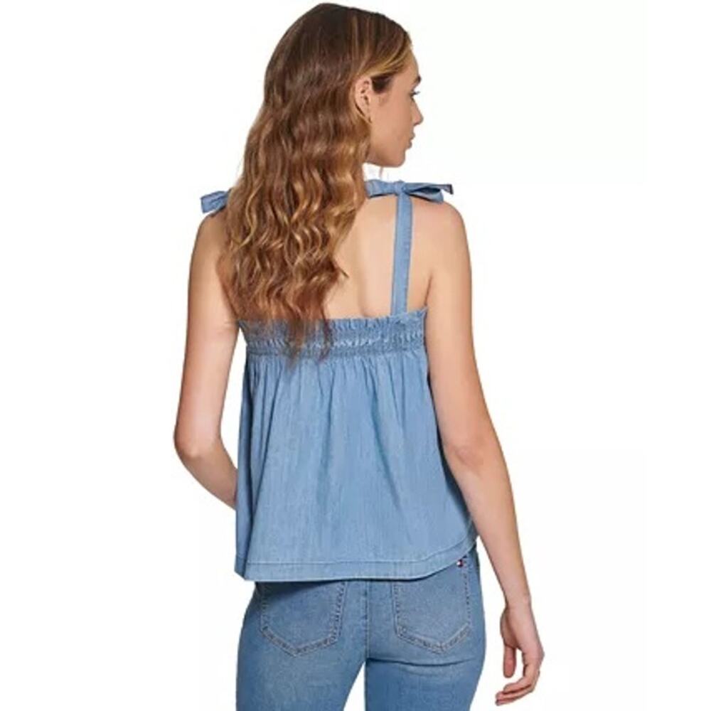 Tommy Hilfiger Womens Chambray Tank Top XL Blue Shoulder Tie Ruffle Smocking NWT - Picture 2 of 12